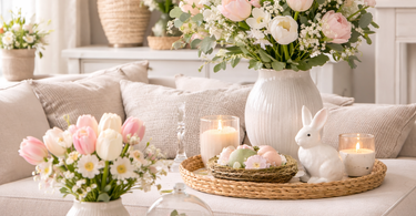 decorazioni pasqua per la casa con fiori primaverili e accessori decorativi