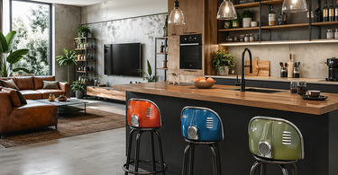 Open space moderno con cucina e sgabelli design stile industriale