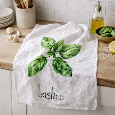 Canovaccio da cucina in lino naturale con stampa basilico