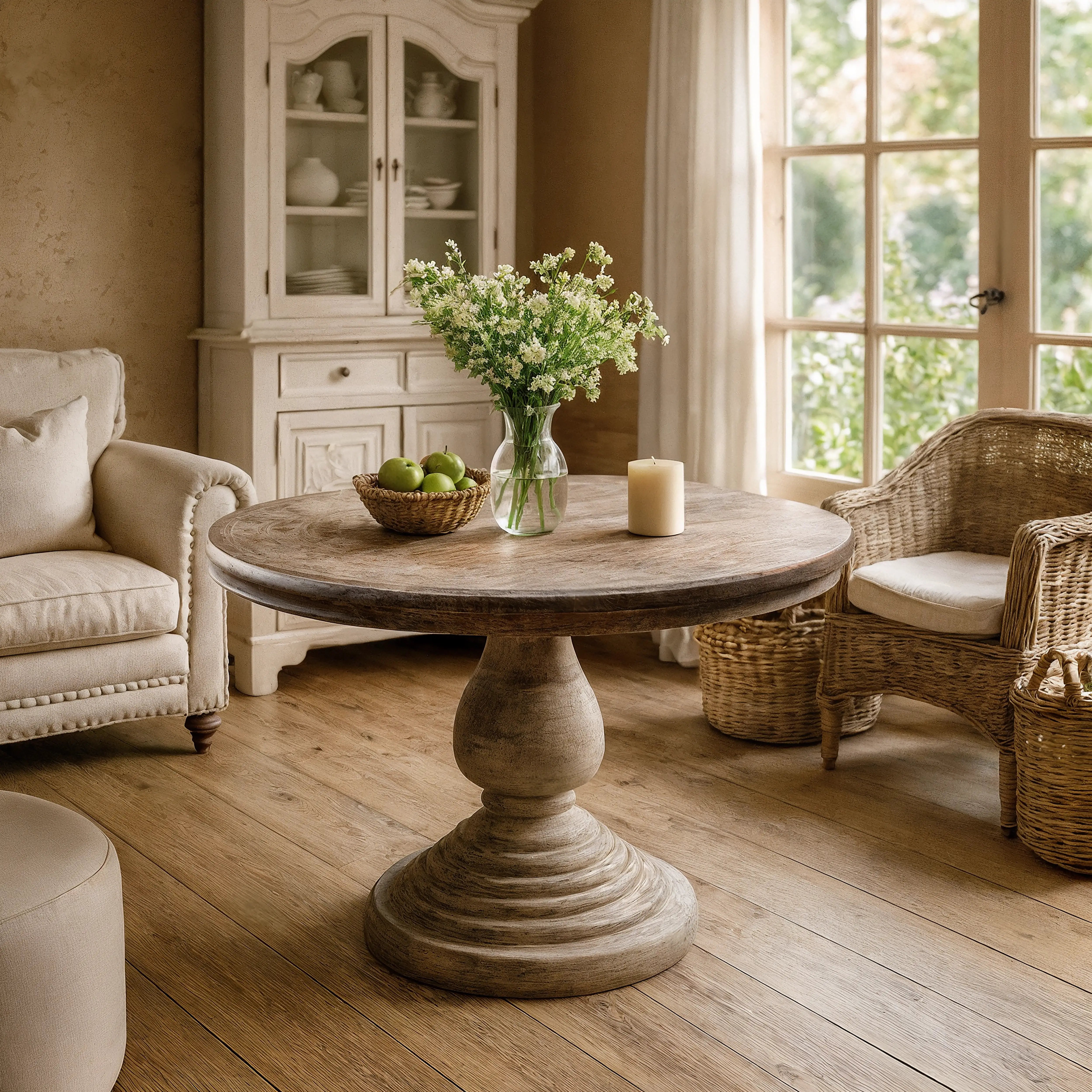 Tavolo Rotondo in Legno Massello di Mango Naturale Decapato Stile