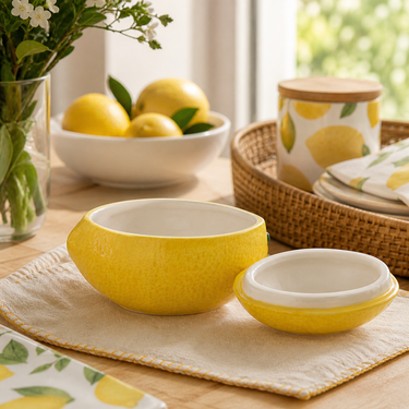 Coppa in ceramica a forma di limone con coperchio in ambiente cucina luminoso con decorazioni coordinate e atmosfera estiva