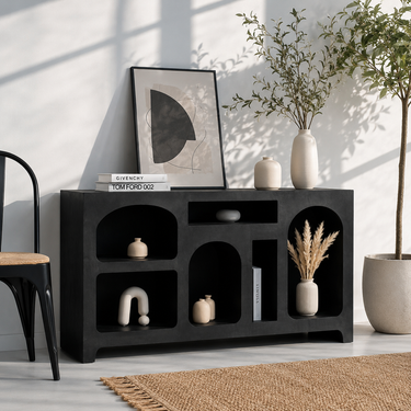 Mobile nero moderno con vani geometrici ad arco e design minimal contemporaneo