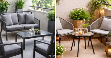 Confronto tra set da giardino in acciaio e set con intreccio in polyrattan su terrazzo e balcone