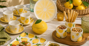 aperitivo estivo con accessori limone coordinati piatti vassoi tazze e set per servire snack con stile