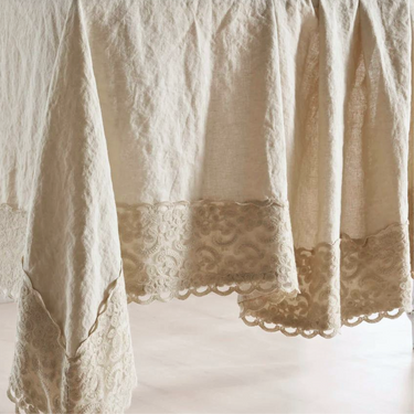 Tovaglia 6 Posti inLino Stonewashed con Pizzo Colore Corda cm 140x180 - Estonia