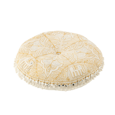 Pouf Rotondo Imbottito in Tessuto Ricamato Colore Crema e Oro Small