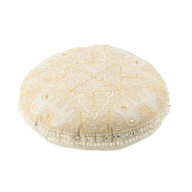 Pouf Rotondo Imbottito in Tessuto Ricamato Colore Crema e Oro Large