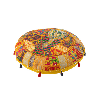 Pouf Rotondo Imbottito in Cotone Ricamato Colore Giallo con Nappe