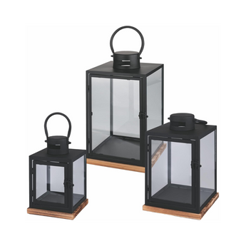 Set 3pz Lanterne in Ferro con Base in Legno di Pino Colore Nero Opaco