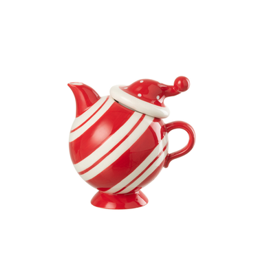 Teiera Natalizia in Ceramica con Cappello Dolomite Bianco Rosso Righe h 15,5 cm