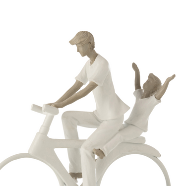 Statuetta Decorativa Papà e Figlio in Bicicletta Colore Bianco e Grigio