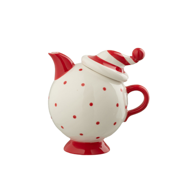 Teiera Natalizia in Ceramica con Cappello Dolomite Bianco Rosso Pois h 15,5 cm