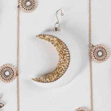 Addobbo Decorativo per Albero di Natale Luna in Vetro Bianco e Oro Glitterato