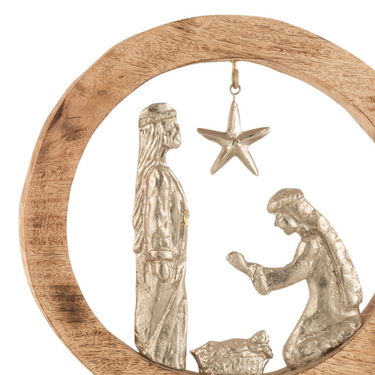 Presepe in Alluminio in Scultura Cerchio in Legno di Mango Naturale
