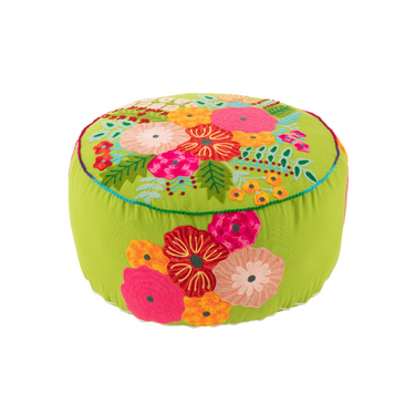 Pouf Rotondo Sfoderabile in Cotone Colore Verde con Fiori Ricamati Ø 50 cm