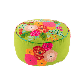 Pouf Rotondo Sfoderabile in Cotone Colore Verde con Fiori Ricamati Ø 50 cm