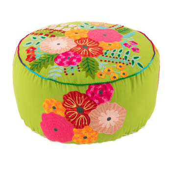 Pouf Rotondo Sfoderabile in Cotone Colore Verde con Fiori Ricamati Ø 50 cm