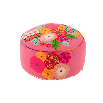 Pouf Rotondo in Cotone Rosa con Fiori Multicolore Ricamati Ø 50 cm