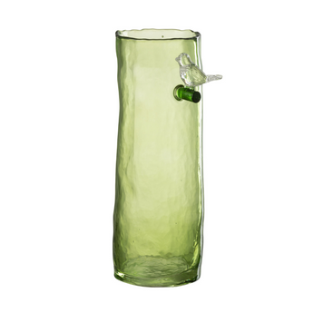 Vaso Alto con Uccellino in Vetro Bordo Lavorato Colore Verde h 27 cm