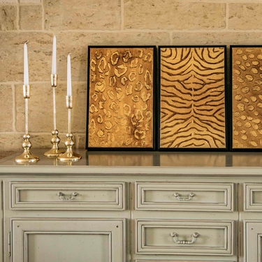 Set di 3 Dipinti Stampa Animale in Legno e Tela Colore Nero Oro