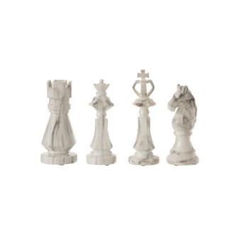 Statuette Decorative Pedina Scacchi Torre Re Regina Cavallo in Resina effetto Marmo Bianco h 23 cm