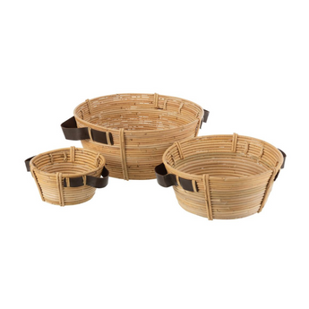 Set 3 Ceste Rotonde in Rattan con Manici in Pelle Colore Naturale