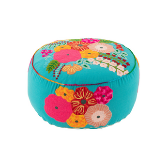 Pouf Rotondo in Cotone Sfoderabile Colore Azzurro con Fiori Ricamati  Ø 50 cm