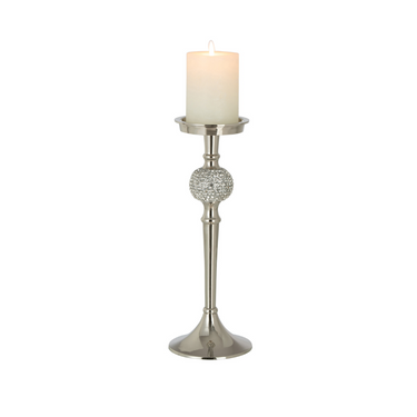 Portacandele Diamante 31h cm in Alluminio Color Argento con Decori Zirconi