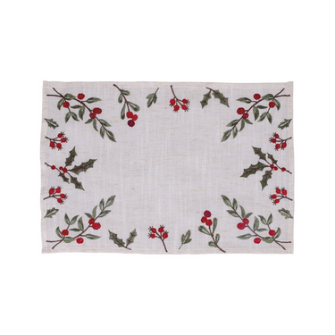 Tovaglietta Americana con Decoro Natalizio Agrifoglio Ricamato Colore Beige  - Villa D'este