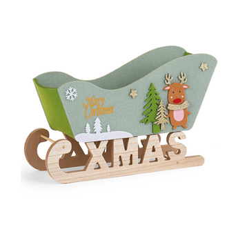 Set 2 Slitte Natale Contenitori Decorative in Tessuto e Legno 23x15 cm