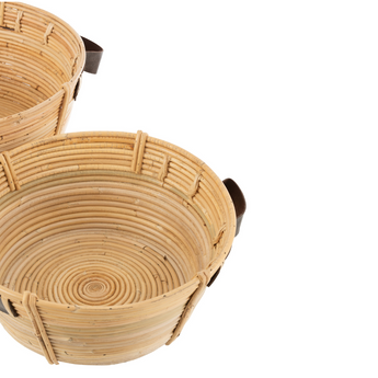 Set 3 Ceste Rotonde in Rattan con Manici in Pelle Colore Naturale