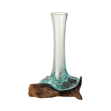 Vaso Alto in Vetro Colato Celeste Base in Radice di Legno Naturale - Small Gamal