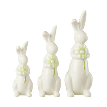 Set 3 Conigli Pasquali in Porcellana Colore Bianco con Fiore Verde