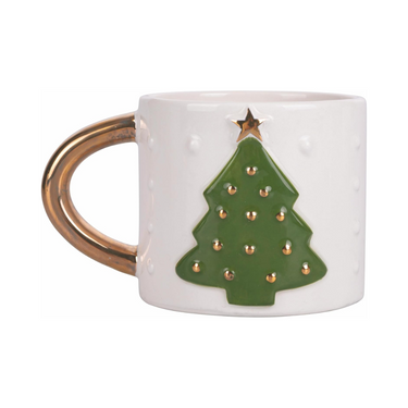 Tazza Natalizia Tè Cioccolata Latte in Ceramica Bianca Impugnatura Albero di Natale - Villa D'Este