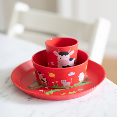 Set Pappa Bambino con Piatto Ciotola e Bicchiere Colore Rosso - Farm Koziol