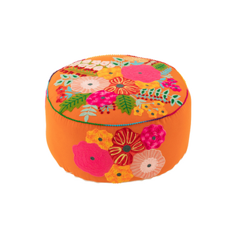 Pouf Rotondo in Cotone Colore Arancione con Fiori Ricamati Ø 50 cm