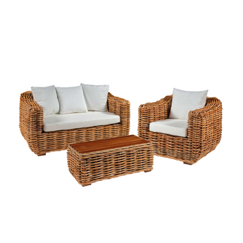 Set Giardino in Rattan Sofà Poltrone Tavolino con Cuscini Colore Bianco - Oasis