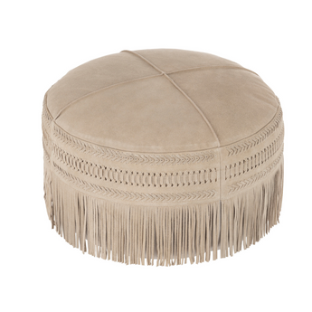 Pouf Rotondo in Pelle Scamosciata Colore Grigio Chiaro  con Frange Ø 54 cm