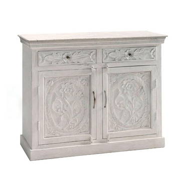 Madia 2 Cassetti 2 Ante in Legno Massello Intagliato Colore Bianco Decapato