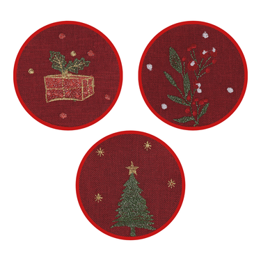 Set 6pz Sottobicchiere Natalizio Ricamato colore Rosso Xmas - Villa D'Este