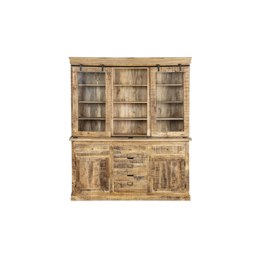 Credenza Vetrina Doppio Corpo in Legno Massello Stile Rustico con Ante Scorrevoli