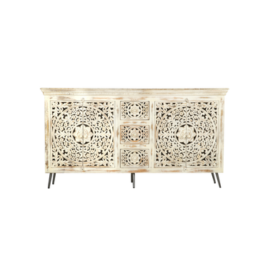 Madia in Legno Massello di Mango Intarsiato Colore Bianco Decapato Stile Etnico