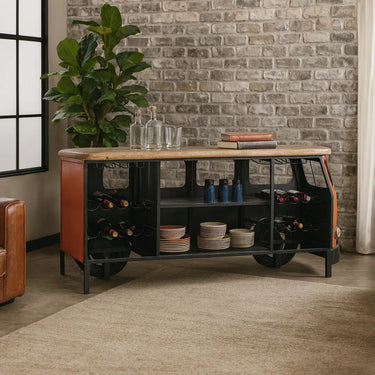 Bancone Bar Riproduzione Volkswagen Transporter in Metallo Rosso e Legno di Mango Stile Industrial