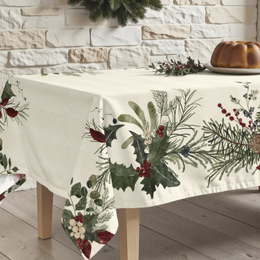 Tovaglia di Natale Decorata Foglie e Pigne 155X250 cm - Muerdago