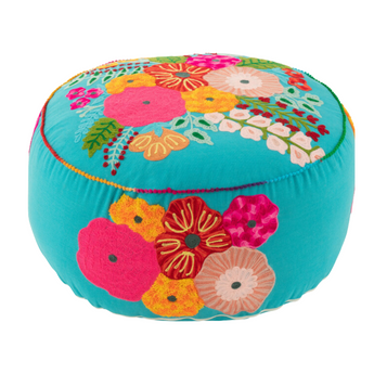 Pouf Rotondo in Cotone Sfoderabile Colore Azzurro con Fiori Ricamati  Ø 50 cm