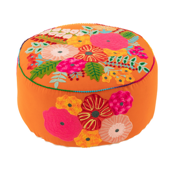 Pouf Rotondo in Cotone Colore Arancione con Fiori Ricamati Ø 50 cm