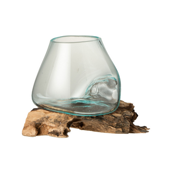 Vaso in Vetro Colato Celeste Base in Radice di Legno Naturale - Small Gamal