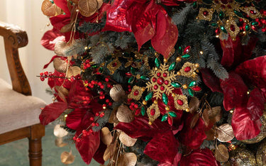 Fiocco di Neve Decorativo per Albero di Natale colore Oro con Gemme Verdi e Rosse - Viron.it