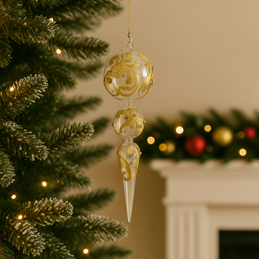 Pendente Natalizio in Vetro Soffiato Trasparente con Decori Oro h 38 cm - Viron