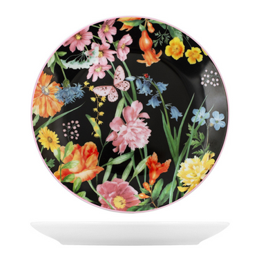 Servizio da 18 Piatti in Porcellana Motivo Floreale su Fondo Nero - Caroline